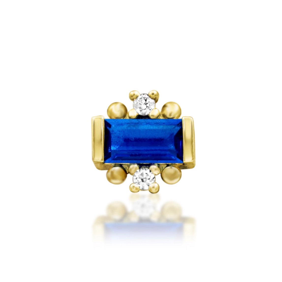 Junipurr Tina solid 14k yellow gold threadless end with Blue CZ stones, front view.