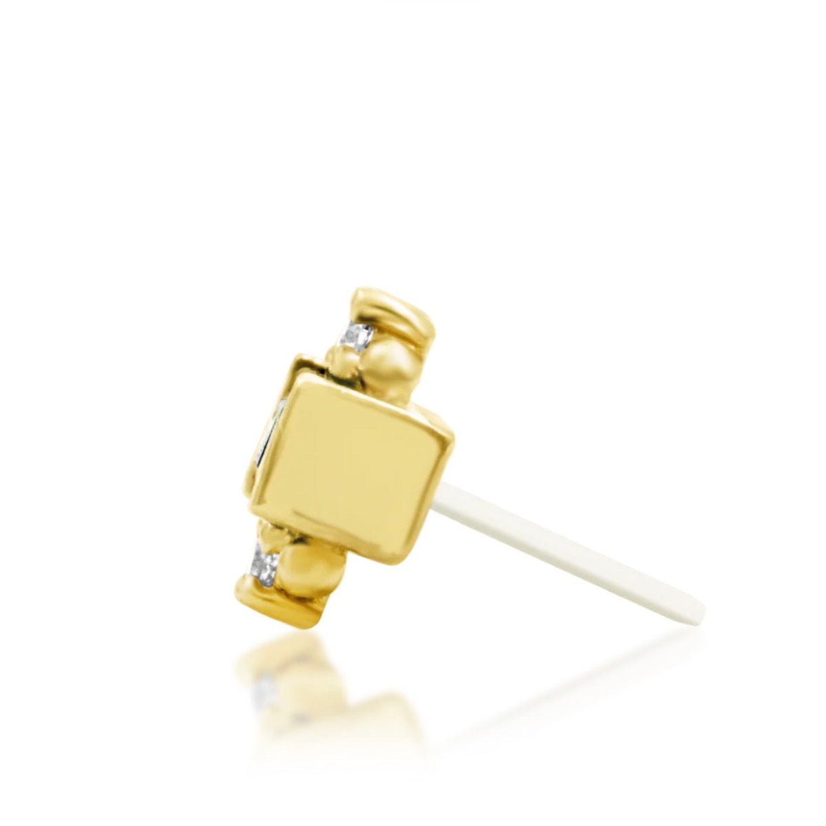 Junipurr Tina solid 14k yellow gold Blue CZ threadless end, side profile.