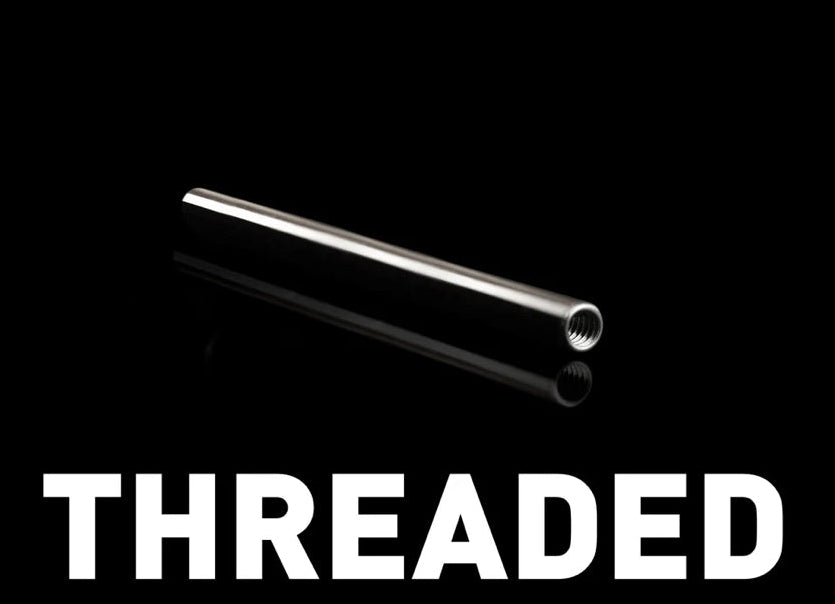 Junipurr implant-grade ASTM F-136 titanium internally threaded 1.6mm barbell, angled product view.