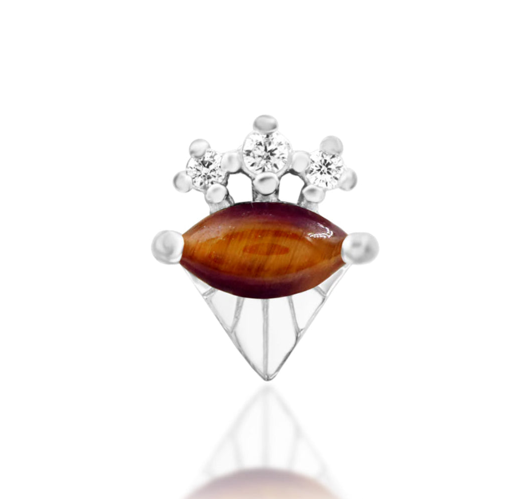 Junipurr Tora solid 14k white gold threadless end with natural Tiger Eye and three white CZ accents, front product view.