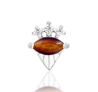 Junipurr Tora solid 14k white gold threadless end with natural Tiger Eye and three white CZ accents, front product view.