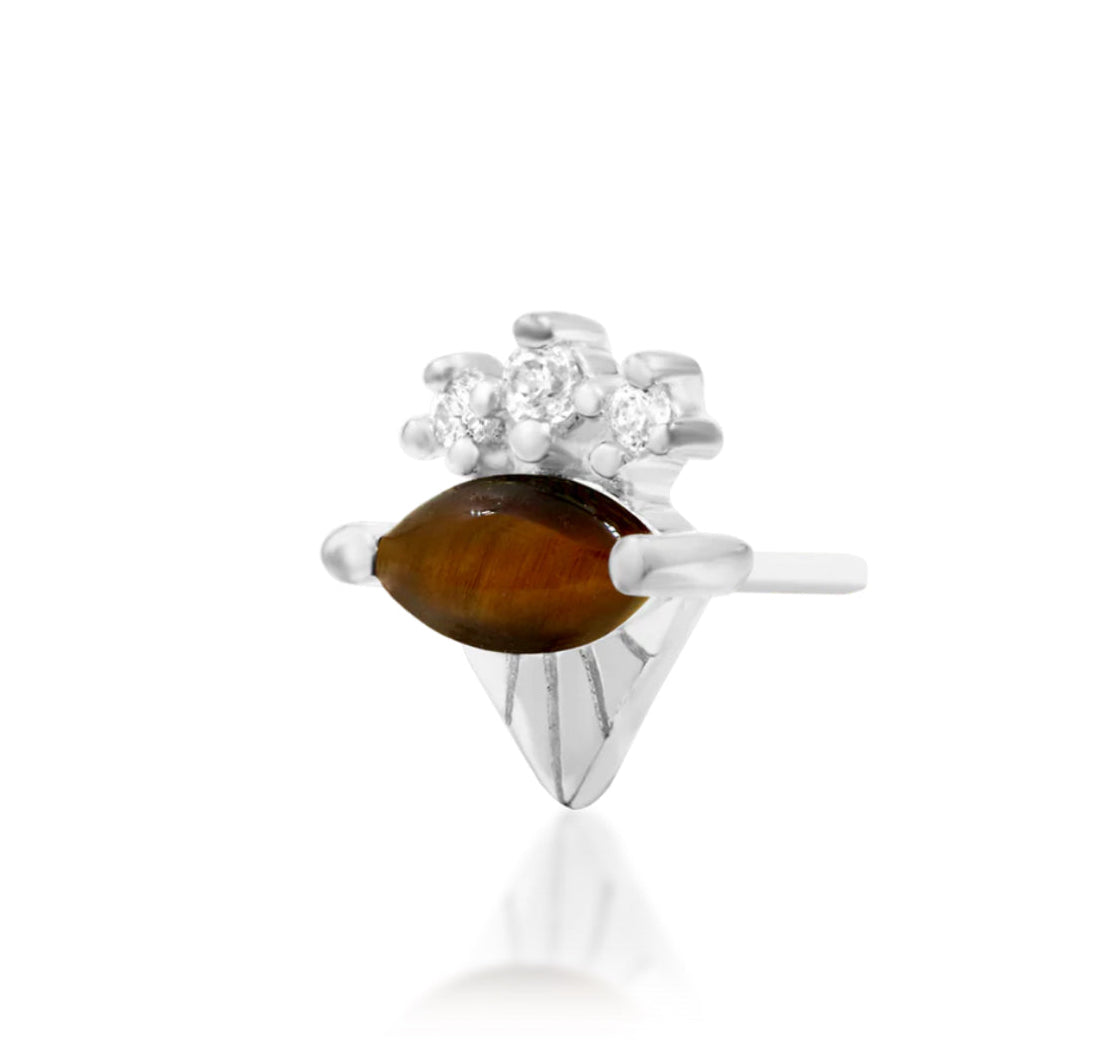 Junipurr Tora solid 14k white gold threadless end with natural Tiger Eye and white CZ accents, angled side view.