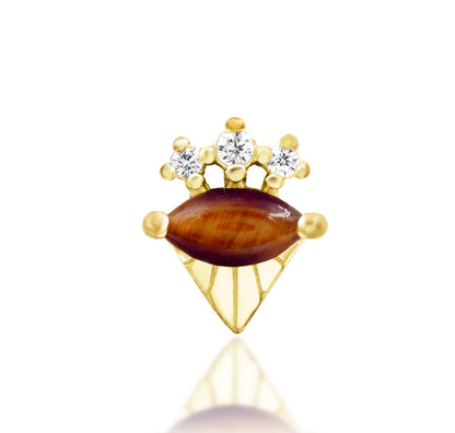 Junipurr Tora solid 14k yellow gold threadless end with natural Tiger Eye and three white CZ accents, front product view.