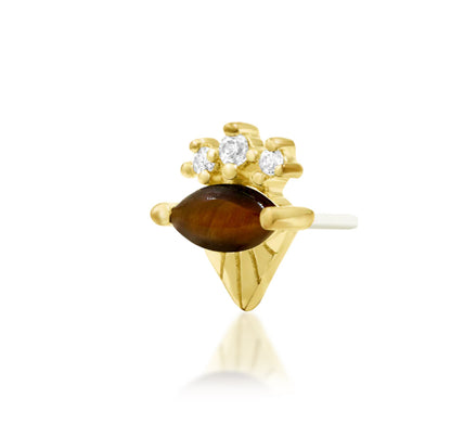 Junipurr Tora solid 14k yellow gold threadless end with natural Tiger Eye and white CZ accents, angled side view showing the crown setting.