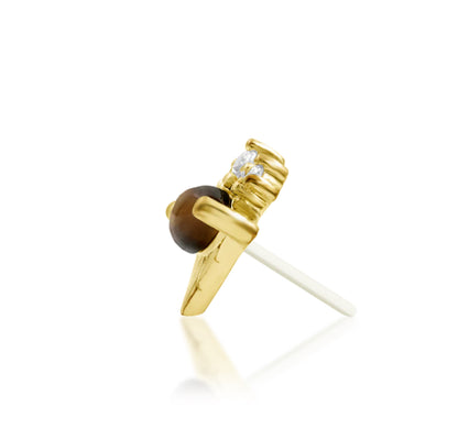Junipurr Tora solid 14k yellow gold threadless end, side profile showing the marquise Tiger Eye setting and threadless pin.
