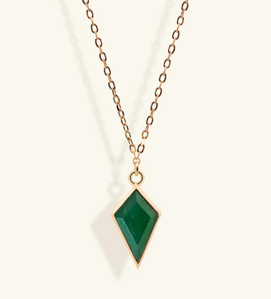 Junipurr Ulan gold necklace with a green cubic zirconia pendant, product view.