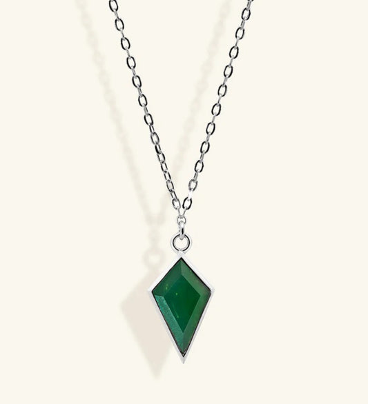 Junipurr Ulan white gold necklace with a pointed geometric green CZ pendant. – alternate view