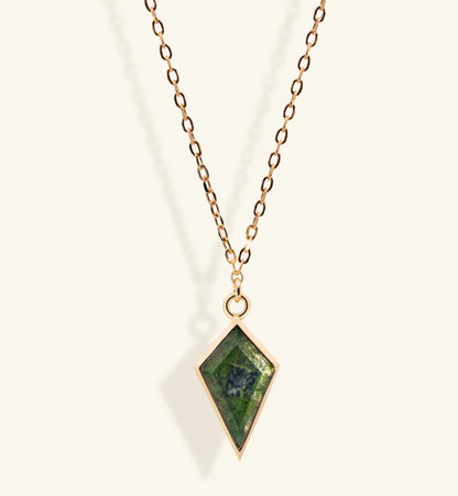 Junipurr Ulla gold necklace with genuine moss agate, product view.