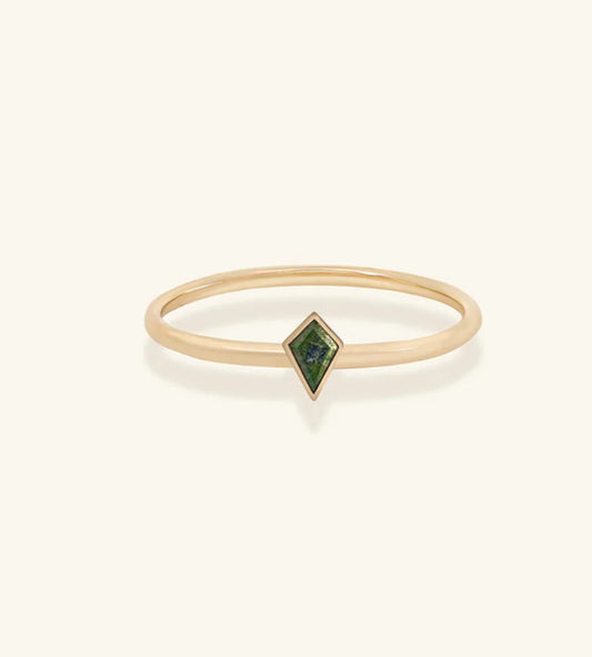 Junipurr Ully gold vermeil ring with natural moss agate, front view.
