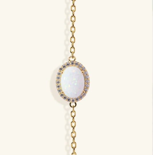 Junipurr Ulora synthetic opal and cubic zirconia halo bracelet, product view.