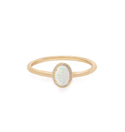 Junipurr Uzara opal and cubic zirconia halo ring, product view.