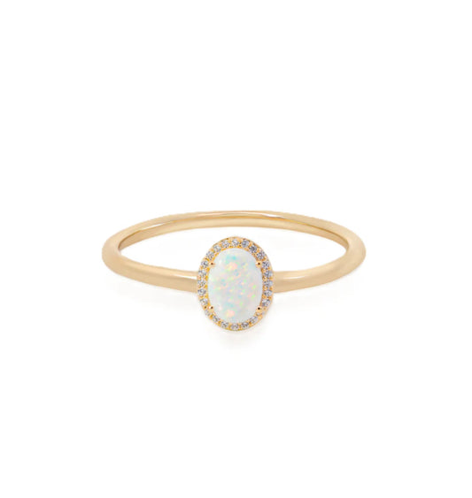 Junipurr Uzara opal and cubic zirconia halo ring, product view.