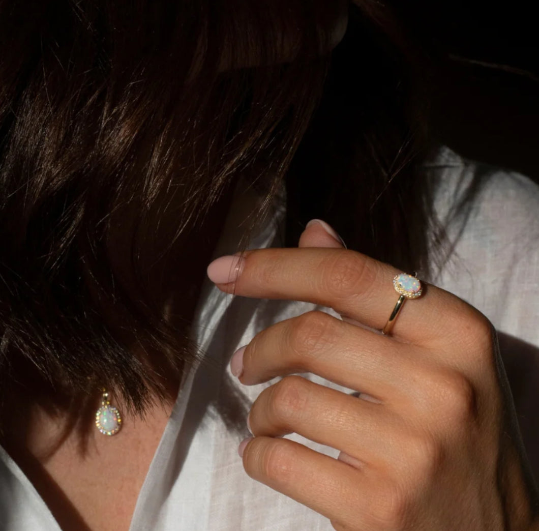 Junipurr Uzara opal CZ ring, product view.