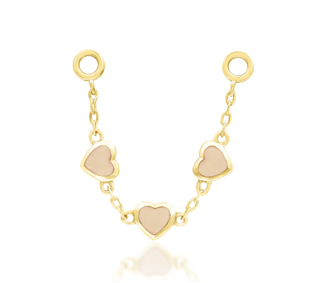 Junipurr Valentine solid 14k gold articulated ear chain charm with three heart-shaped genuine Rose Quartz stones, product view.