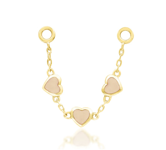 Junipurr Valentine solid 14k gold articulated ear chain charm with three heart-shaped genuine Rose Quartz stones, product view.