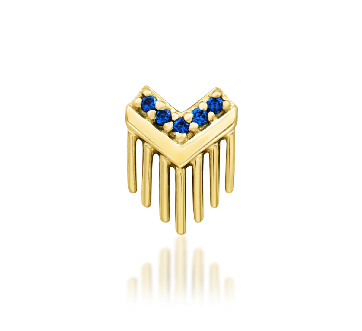 Junipurr Valour solid 14k gold threadless end with blue sapphire and articulated gold fringe, product view.