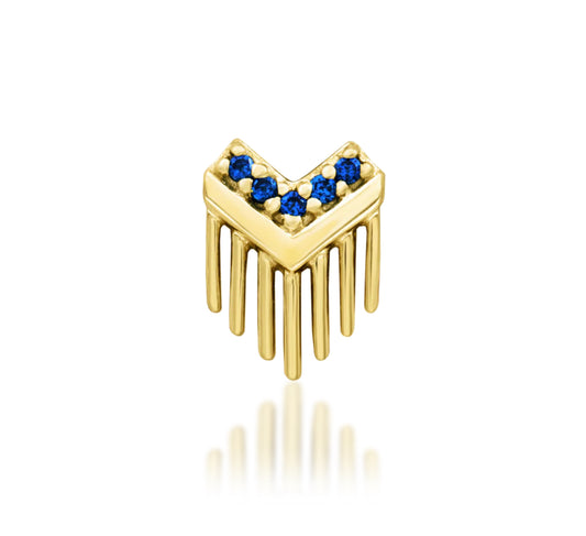 Junipurr Valour solid 14k gold threadless end with blue sapphire and articulated gold fringe, product view.