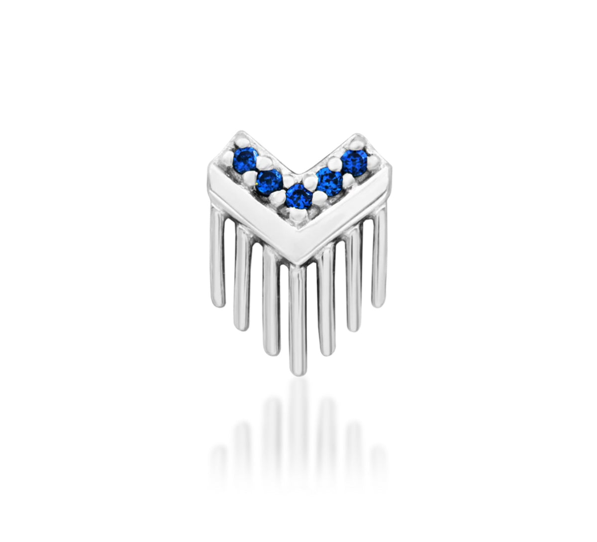 Junipurr Valour blue sapphire threadless dangle end with sculpted gold fringe, product view.