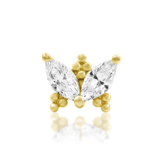 Junipurr Vander solid 14k yellow gold wing-inspired threadless end with two elongated White CZ stones, front view.