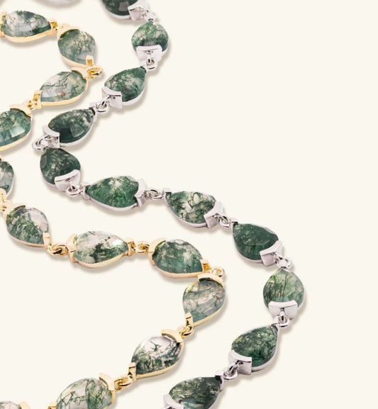 Junipurr Vardis gold vermeil bracelet with moss agate stones, front view.