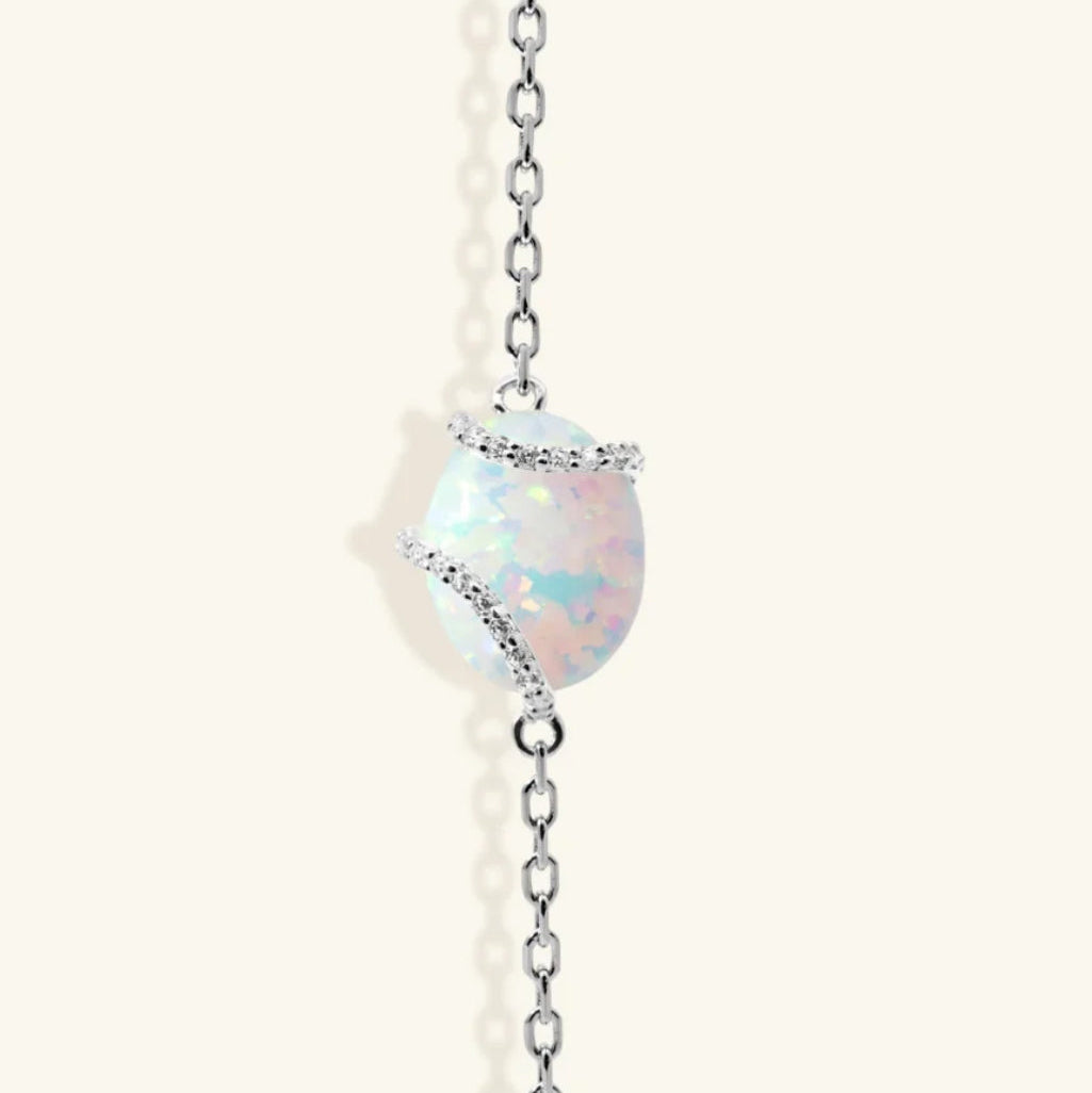 Junipurr Vasara synthetic opal and cubic zirconia bracelet, angled view.