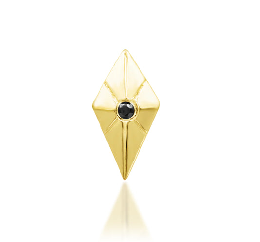 Junipurr Vesper solid 14k gold elongated threadless end with a 1mm Black CZ, product view.