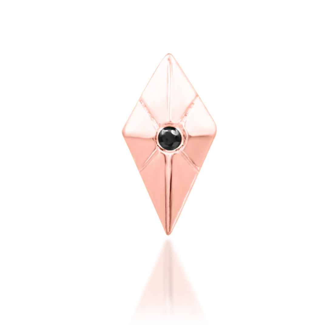 Junipurr Vesper solid 14k gold elongated Black CZ decorative end, product view.