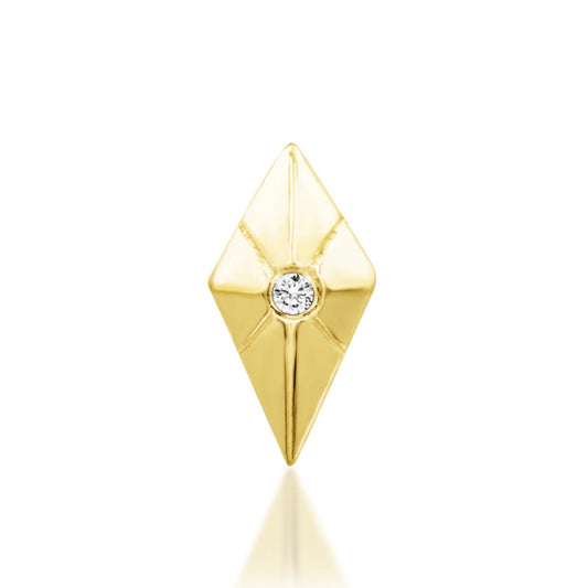 Junipurr Vesper solid 14k yellow gold elongated threadless end with a 1mm White CZ, front view.