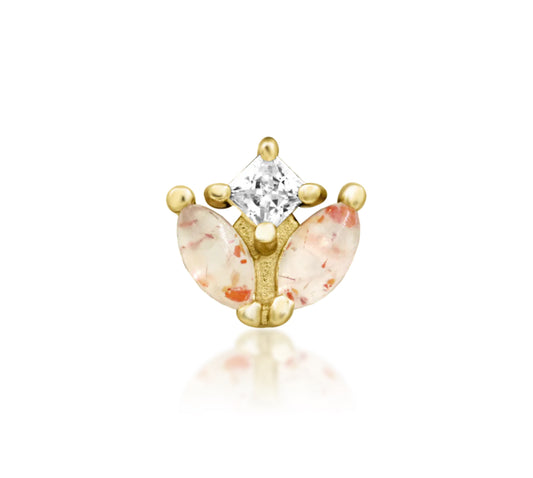 Junipurr Vi solid 14k gold floral threadless end with diamond detail, product view.