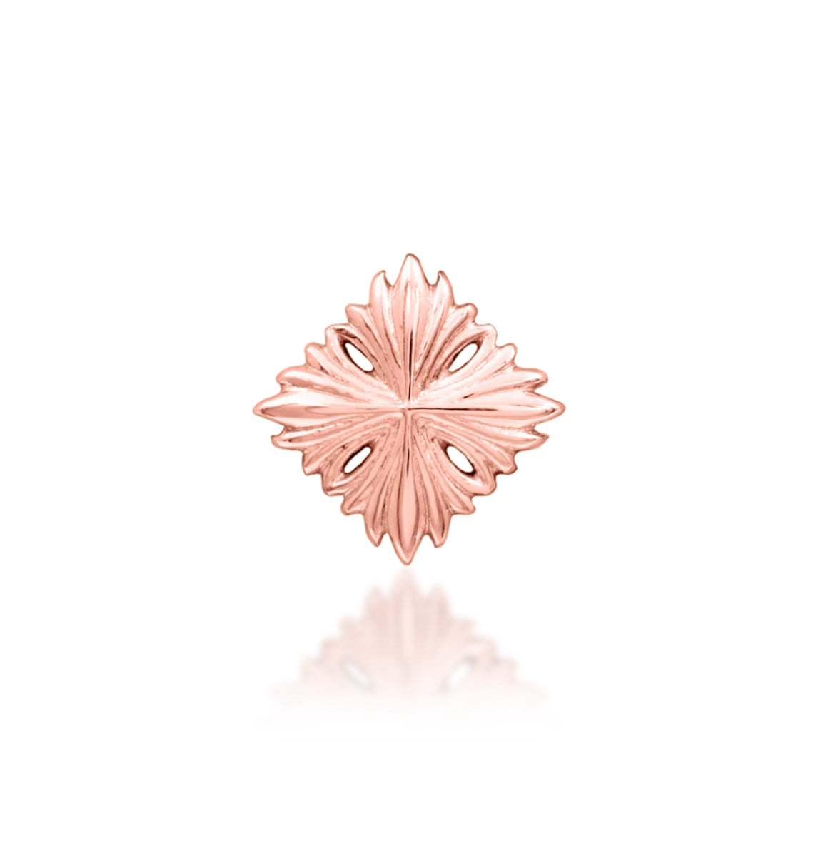 Junipurr Victor solid 14k rose gold textured threadless end with ornamental cutout details, front product view.