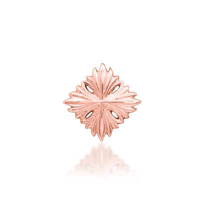 Junipurr Victor solid 14k rose gold textured threadless end with ornamental cutout details, front product view.