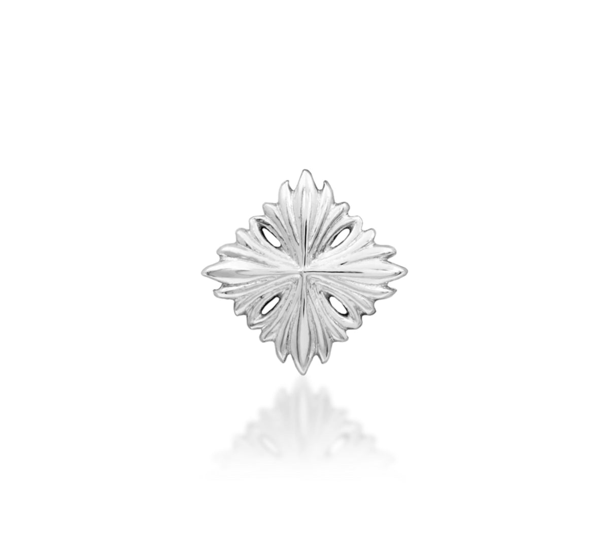 Junipurr Victor solid 14k white gold textured threadless end with raised symmetrical detailing, front product view.