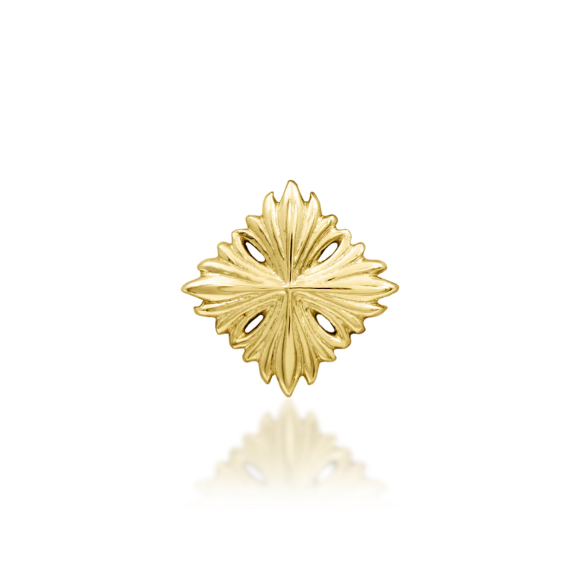 Junipurr Victor solid 14k yellow gold textured threadless end with a symmetrical cutout design, front product view.