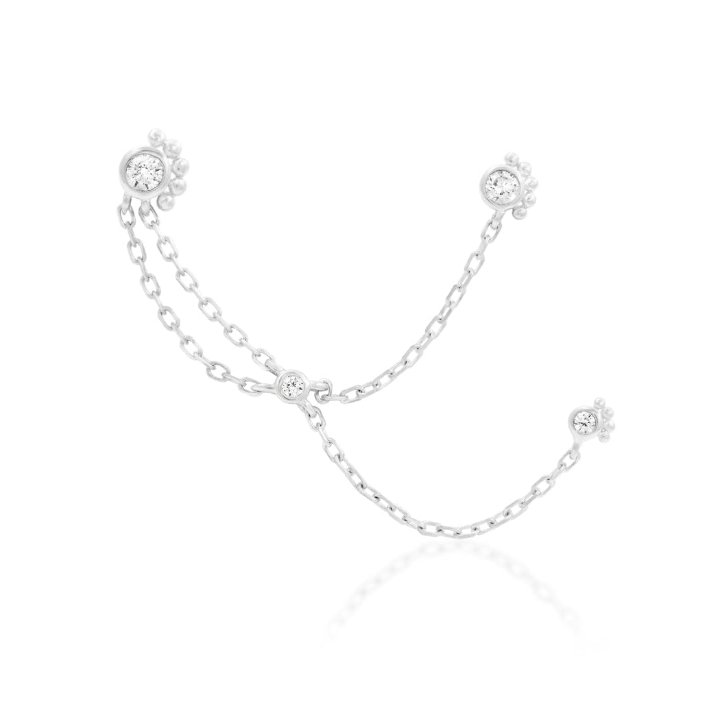 Front view of Junipurr Victoria in solid 14k white gold with three threadless pins and white CZ stones
