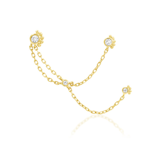 Front view of Junipurr Victoria three-pin piercing chain in solid 14k yellow gold with white CZ accents

