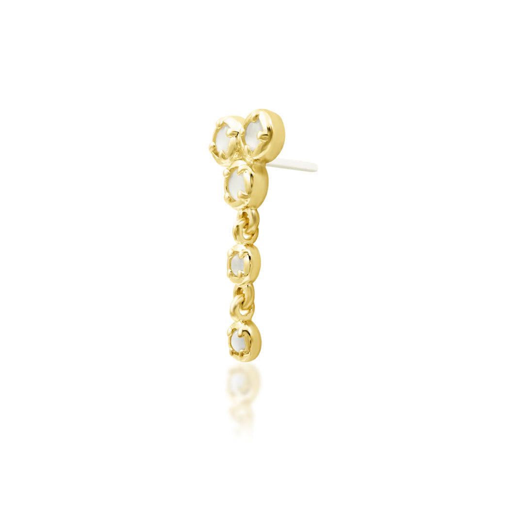 Junipurr Viola solid 14k yellow gold moonstone dangle threadless end, angled view.