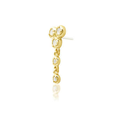 Junipurr Viola solid 14k yellow gold moonstone dangle threadless end, angled view.
