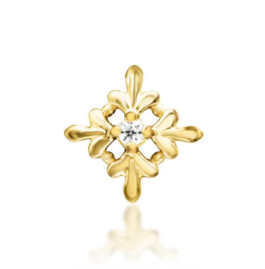 Junipurr Vira solid 14k gold marquise CZ snowflake-inspired threadless decorative end, product view.