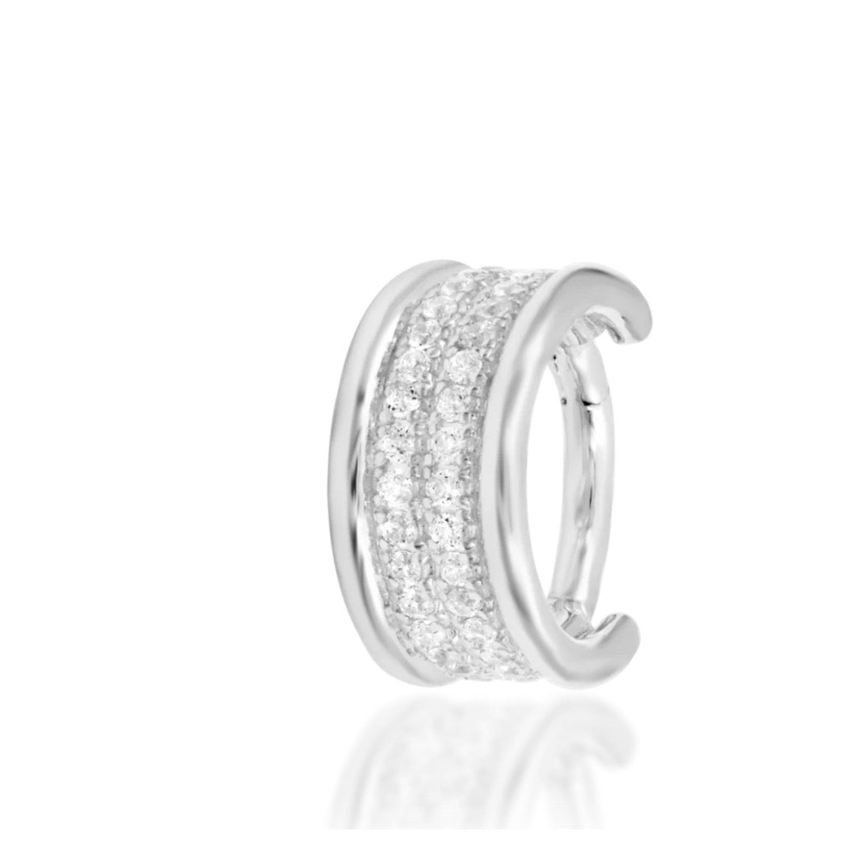 Junipurr Vivienne crystal huggie earring in solid 14k white gold with 40 pavé-set white CZ stones.