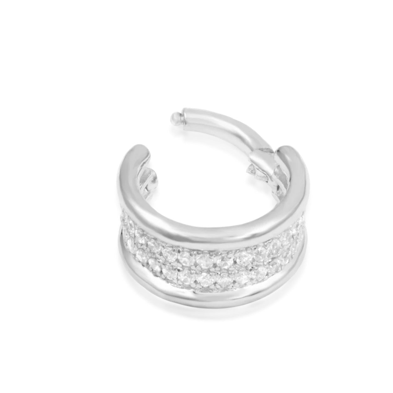 Solid 14k white gold Junipurr Vivienne hoop with a sculptural white CZ-covered contour.