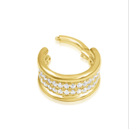Solid 14k yellow gold Junipurr Vivienne ring with a broad contoured surface of white CZ sparkle.