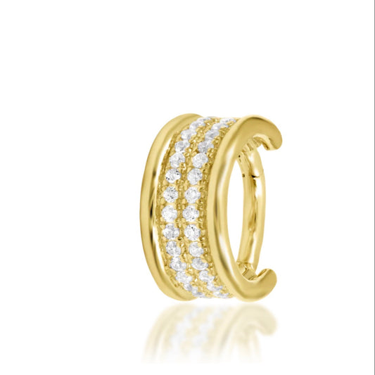 Junipurr Vivienne pavé huggie hoop in solid 14k yellow gold, set with 40 white CZ stones.
