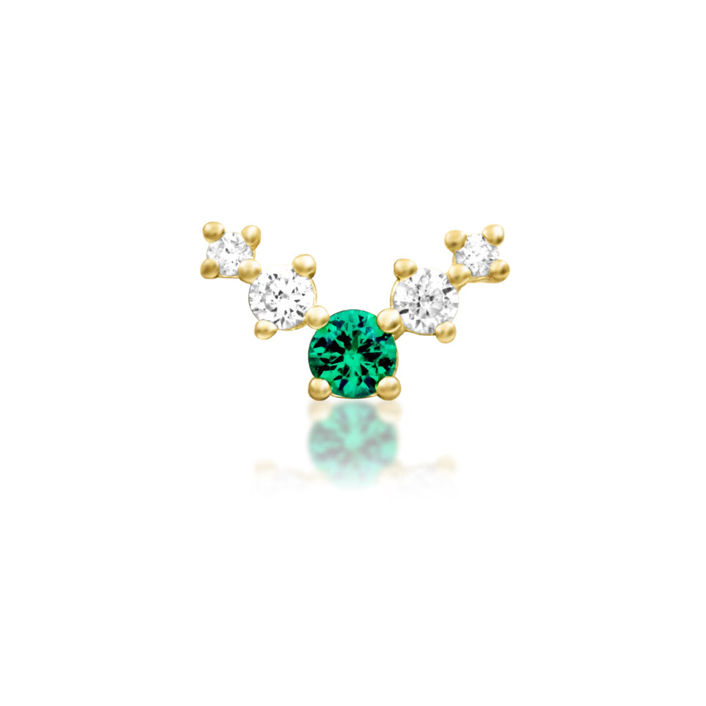 Junipurr Vixyn yellow gold Emerald Green CZ + White CZ Threadless Decorative End, front view.