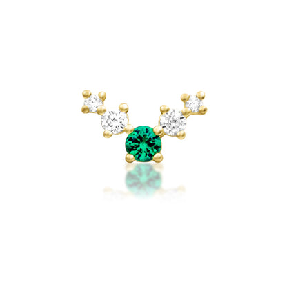 Junipurr Vixyn yellow gold Emerald Green CZ + White CZ Threadless Decorative End, front view.