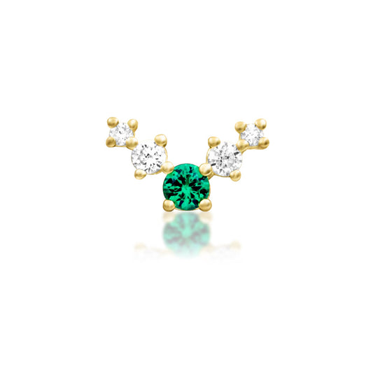 Junipurr Vixyn yellow gold Emerald Green CZ + White CZ Threadless Decorative End, front view.