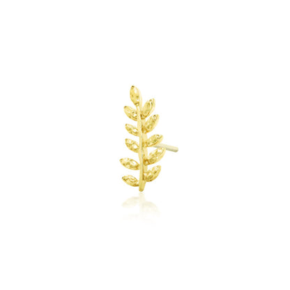 Junipurr Willow solid 14k yellow gold leaf ear climber, angled product view.