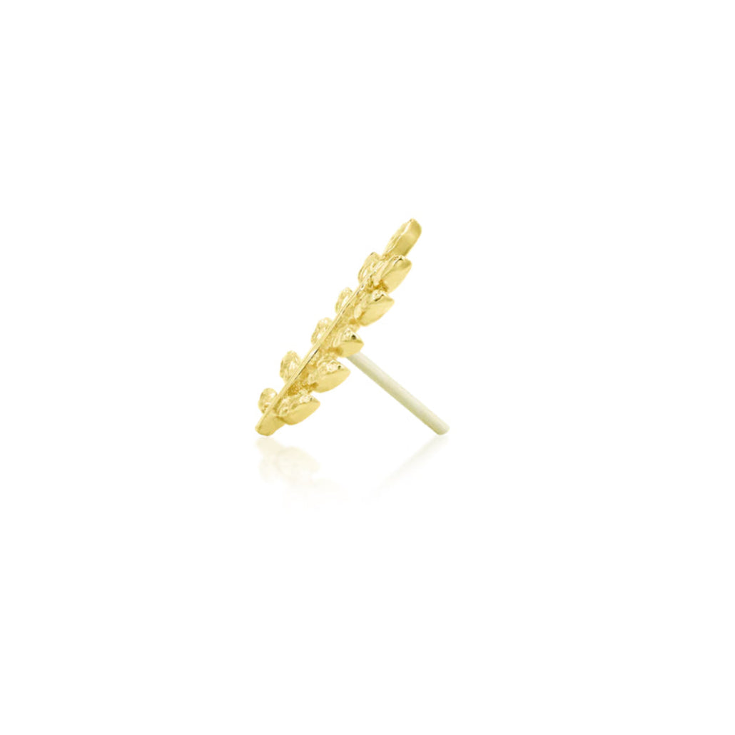 Junipurr Willow solid 14k yellow gold threadless leaf ear climber, side profile.
