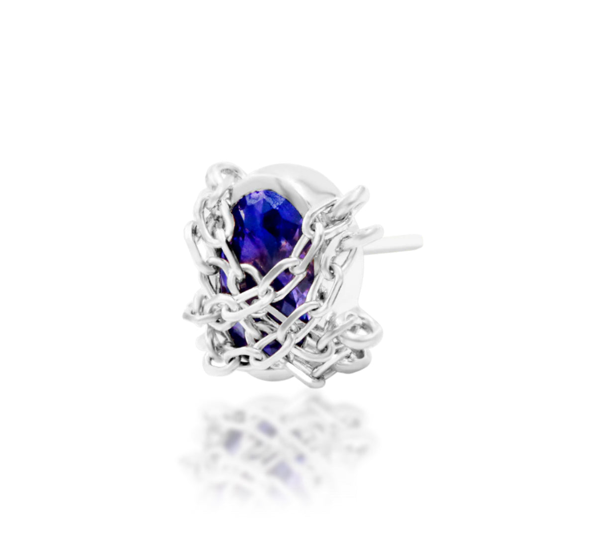 Junipurr Wilma oval Violet CZ threadless chain end with sculpted gold detailing, product view.