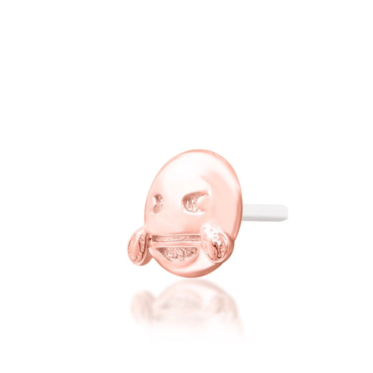 Junipurr You did what?! ROFL solid 14k rose gold laughing emoji threadless end with tears, angled view.