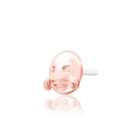 Junipurr You did what?! ROFL solid 14k rose gold laughing emoji threadless end with tears, angled view.